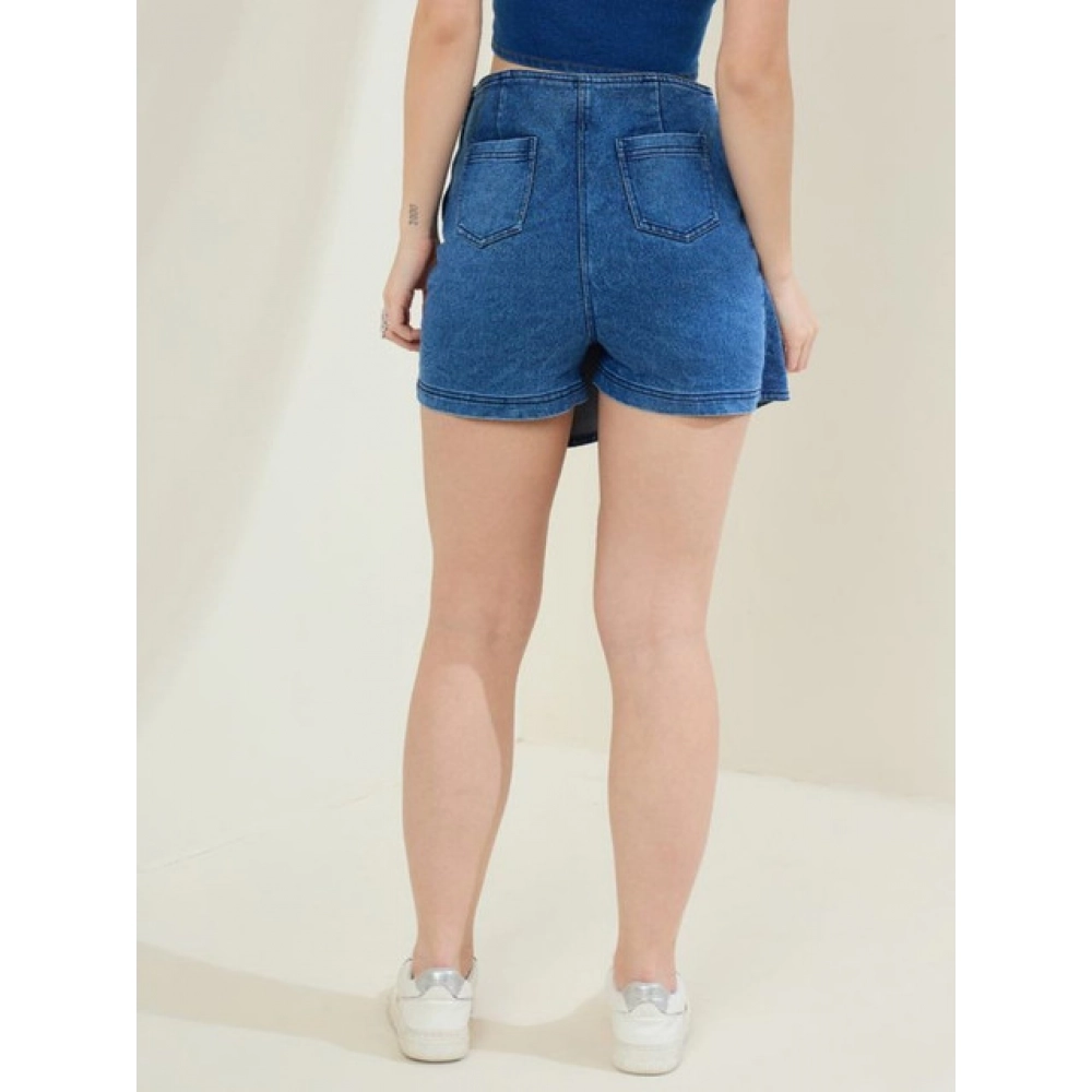 Women's Denim Lycra Solid Zip Closure Skorts (Blue) - Image 3