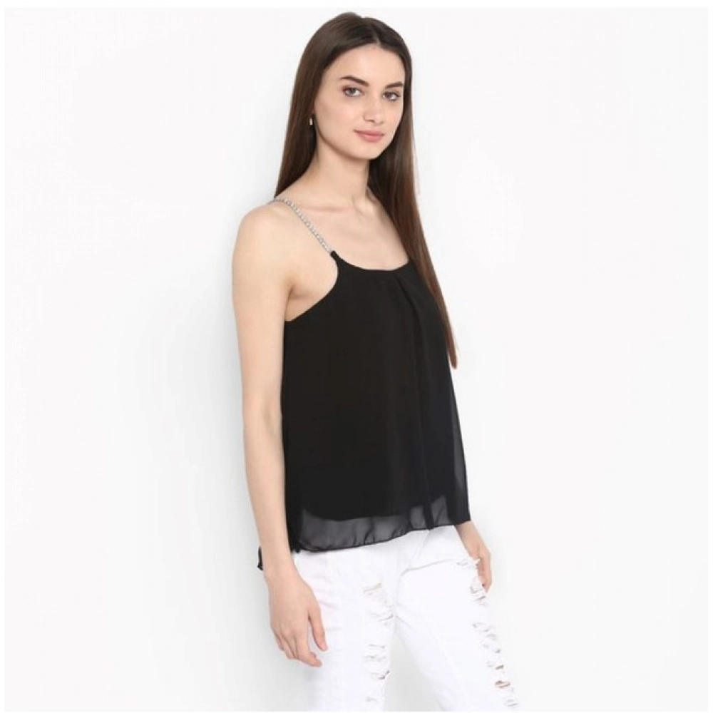 Women's Polyester Embellished Shoulder Straps Top (Black) - Image 3