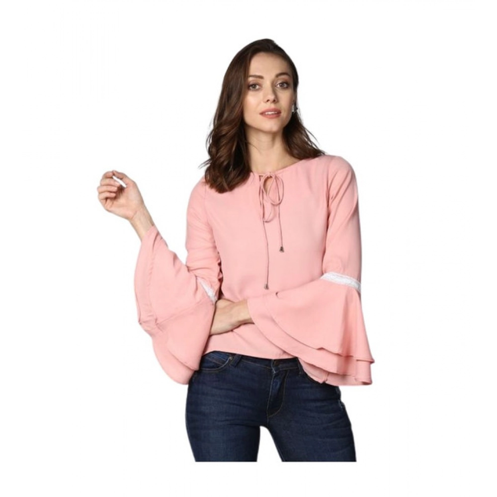 Women's Polyester Solid Bell Sleeve Top (Pink)