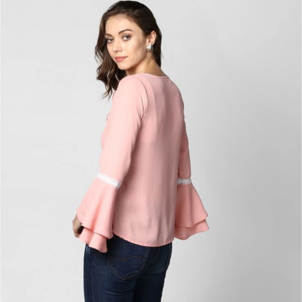 Women's Polyester Solid Bell Sleeve Top (Pink) - Image 5