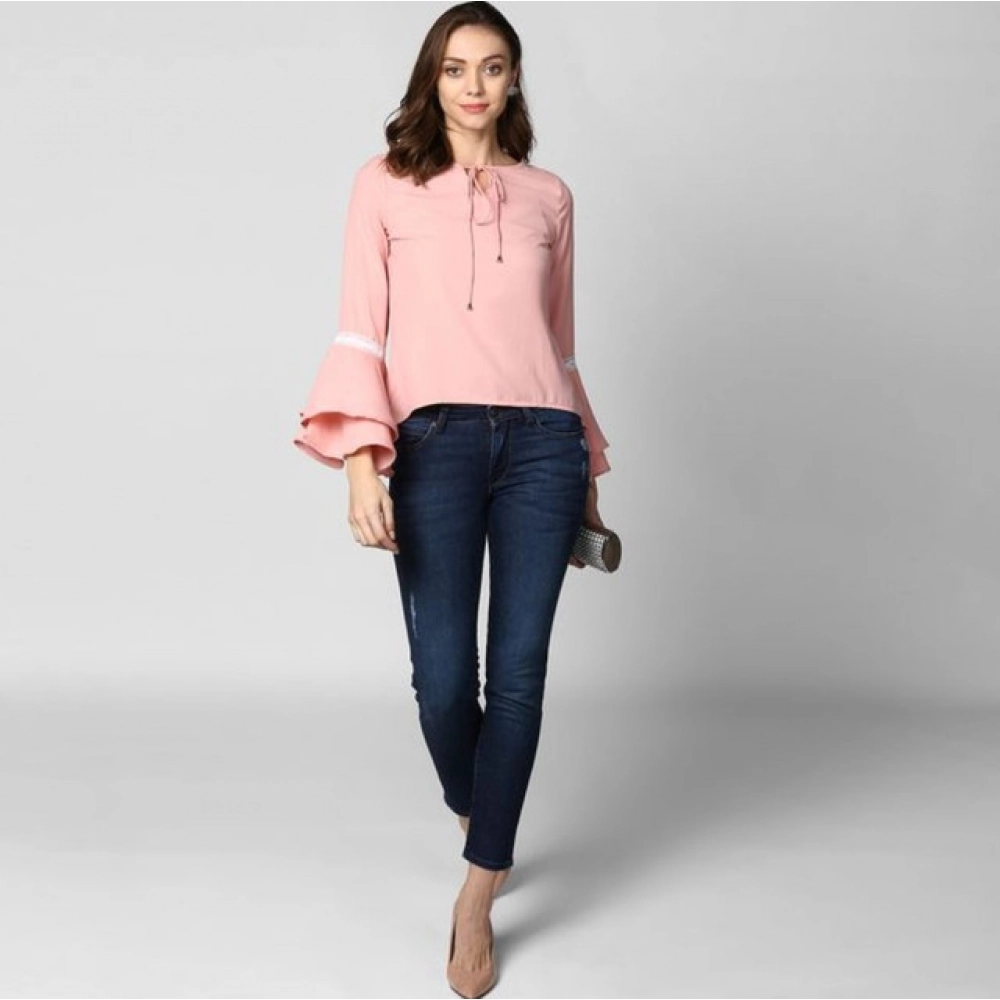Women's Polyester Solid Bell Sleeve Top (Pink) - Image 4