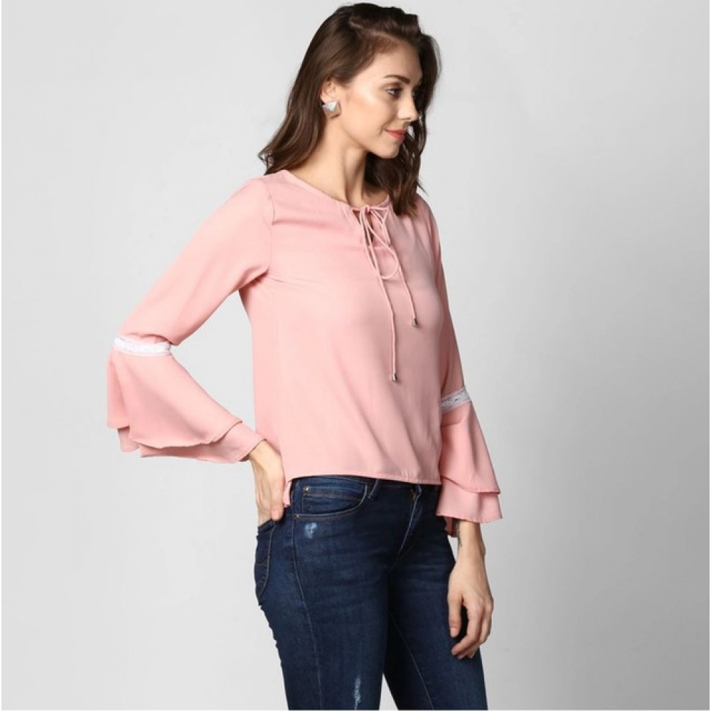 Women's Polyester Solid Bell Sleeve Top (Pink) - Image 3