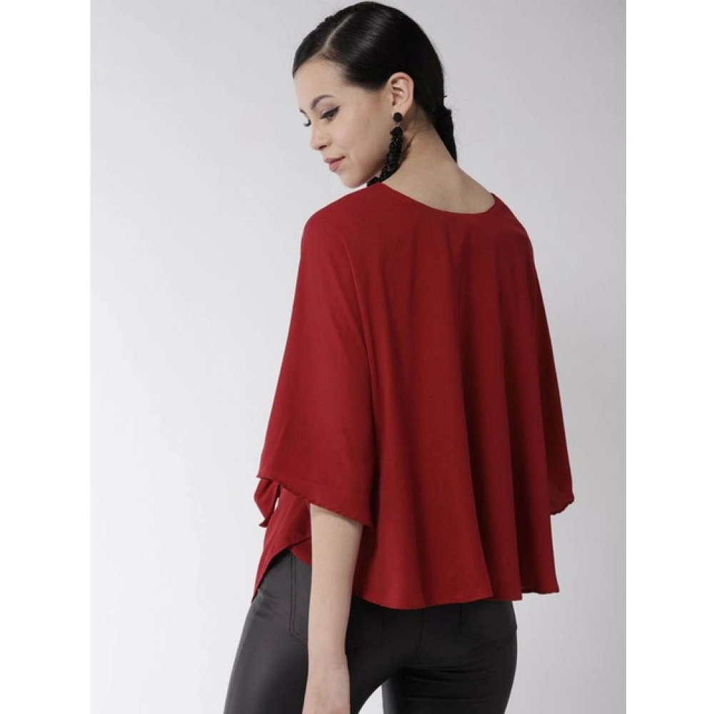 Women's Polyester Solid Cape Sleeve Top (Red) - Image 5