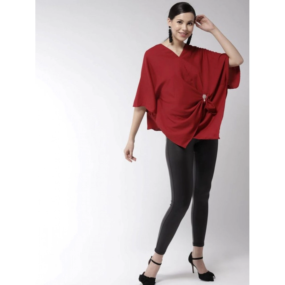 Women's Polyester Solid Cape Sleeve Top (Red) - Image 4