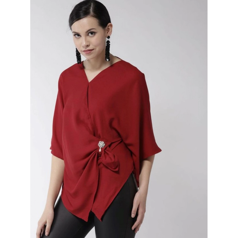 Women's Polyester Solid Cape Sleeve Top (Red) - Image 3