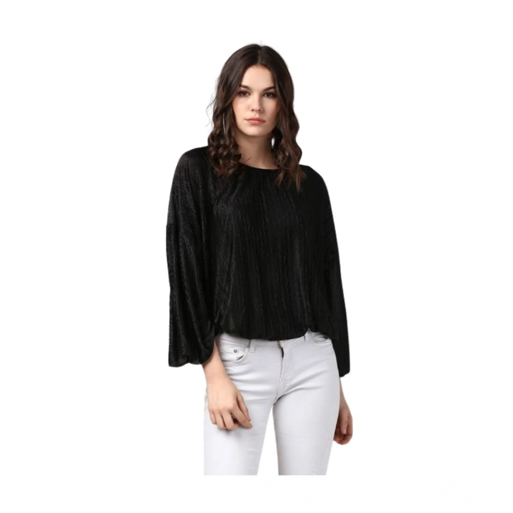 Women's Polyester Pleated Balloon Sleeve Top (Black)