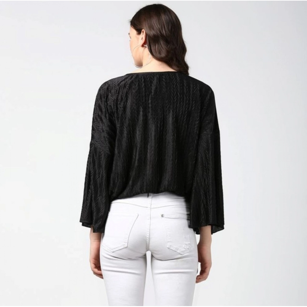 Women's Polyester Pleated Balloon Sleeve Top (Black) - Image 5