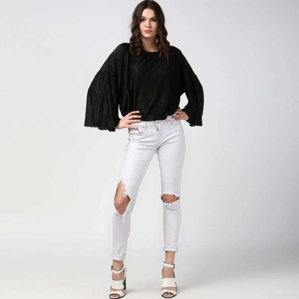Women's Polyester Pleated Balloon Sleeve Top (Black) - Image 4