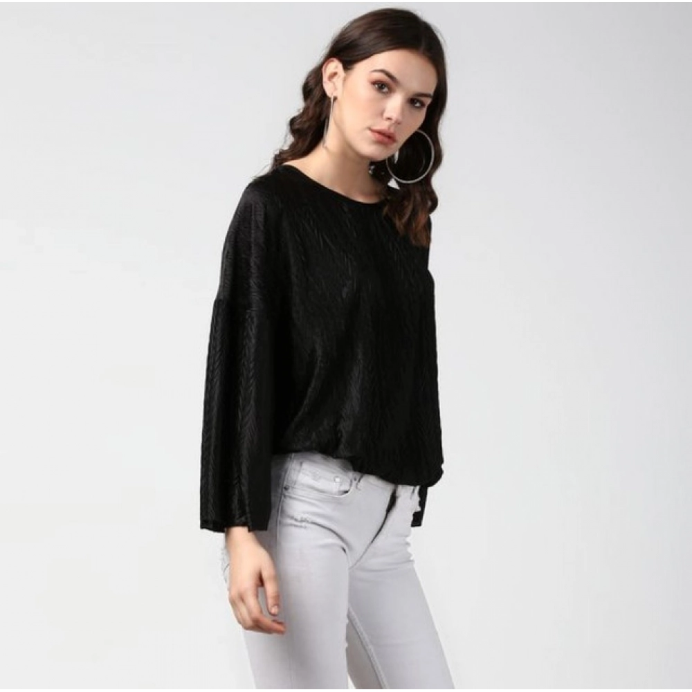 Women's Polyester Pleated Balloon Sleeve Top (Black) - Image 3