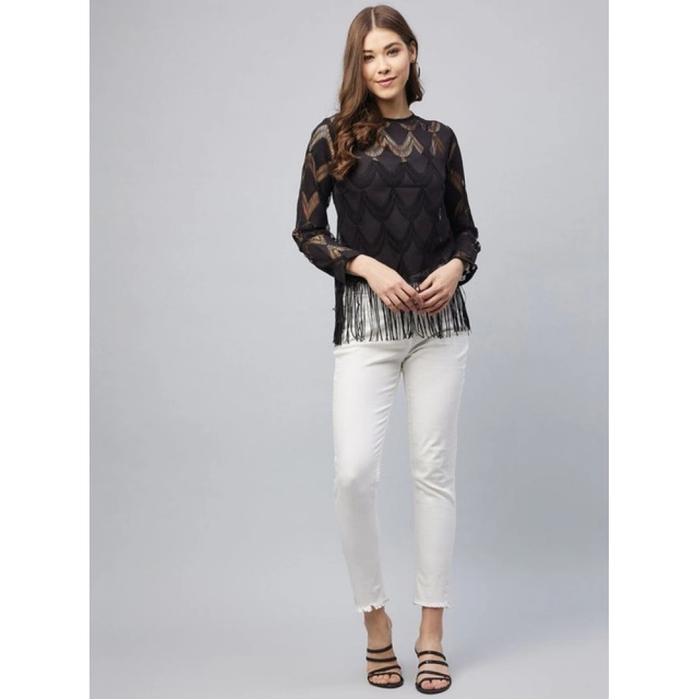 Women's Lace Self Design Short Sleeve Top (Black) - Image 5