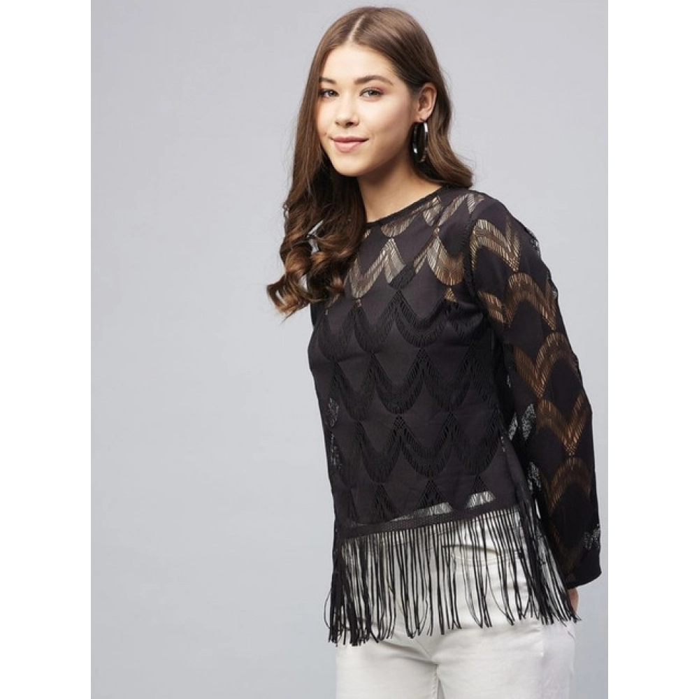 Women's Lace Self Design Short Sleeve Top (Black) - Image 4