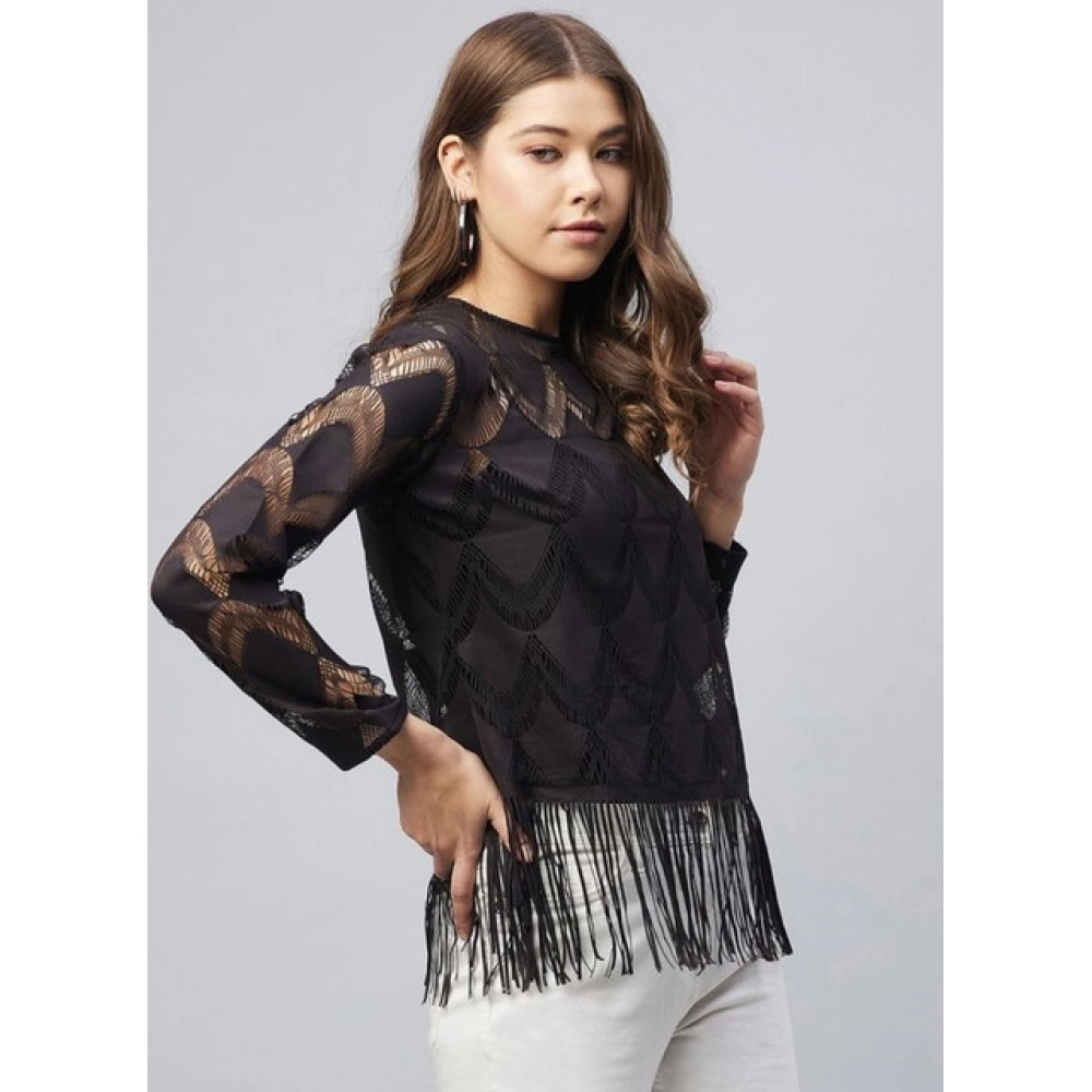 Women's Lace Self Design Short Sleeve Top (Black) - Image 3