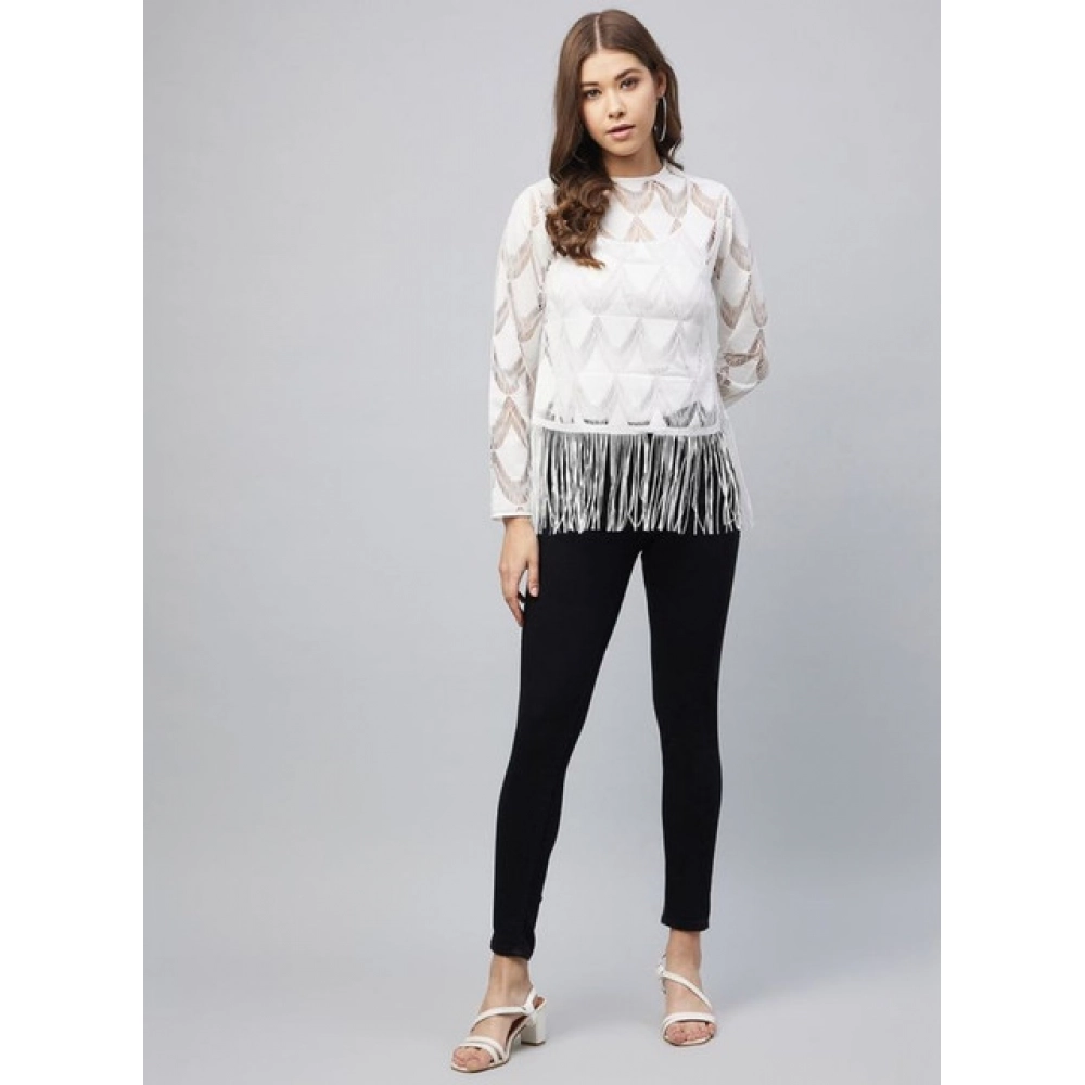 Women's Lace Self Design Short Sleeve Top (White) - Image 5