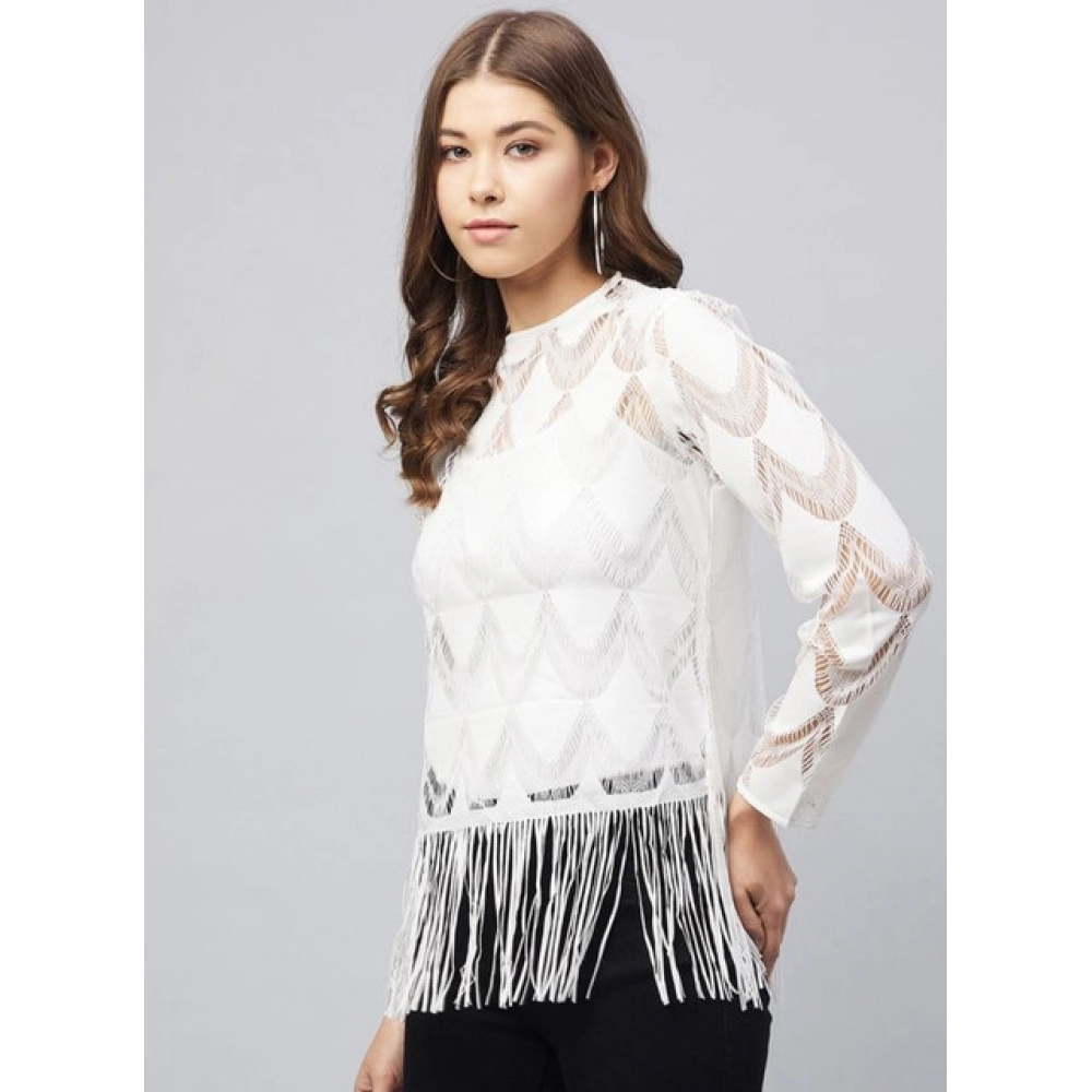 Women's Lace Self Design Short Sleeve Top (White) - Image 4