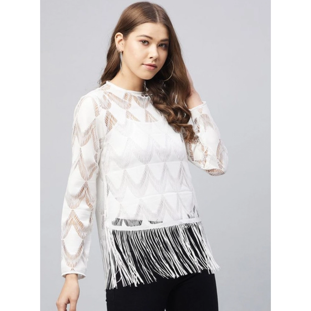 Women's Lace Self Design Short Sleeve Top (White) - Image 3
