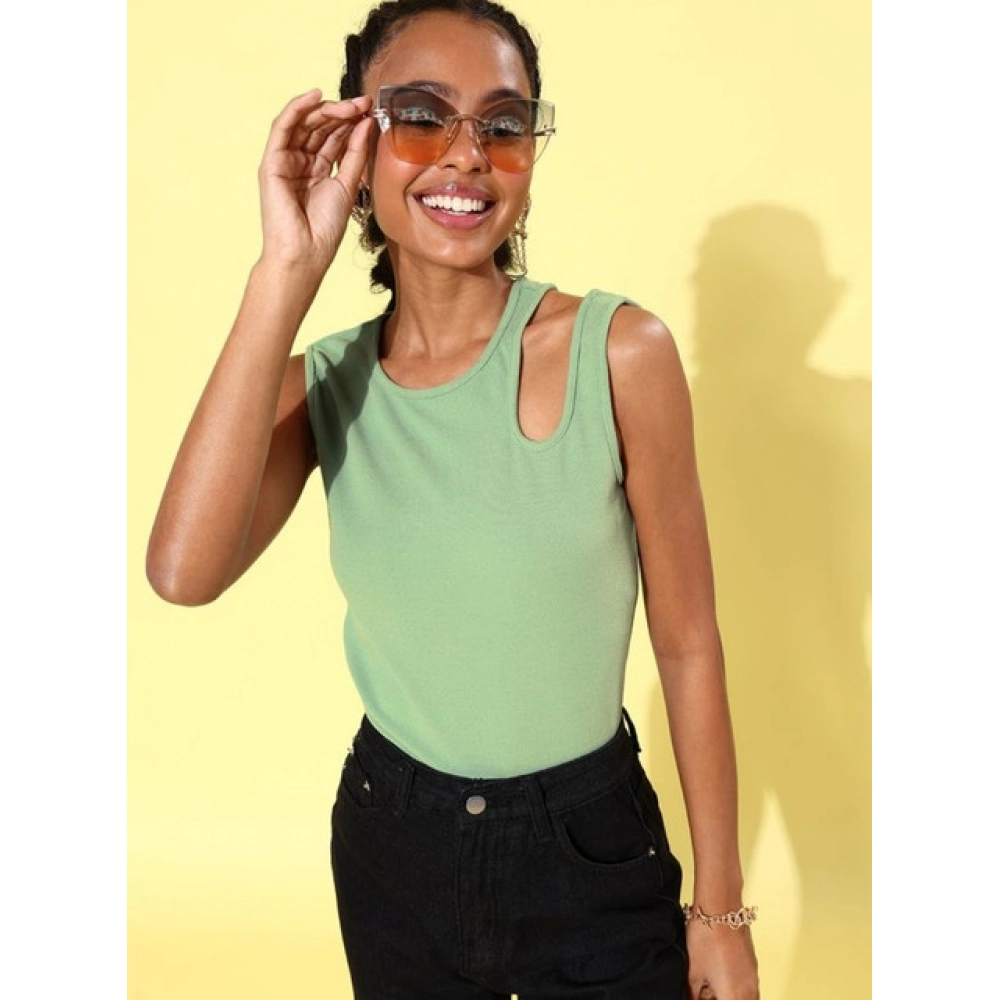 Women's Polyester Lycra Solid Sleeveless Top (Green) - Image 5