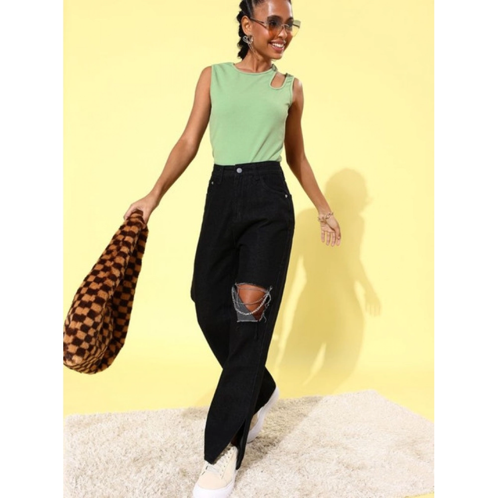 Women's Polyester Lycra Solid Sleeveless Top (Green) - Image 4