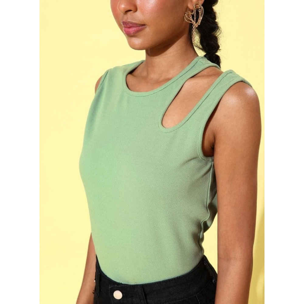 Women's Polyester Lycra Solid Sleeveless Top (Green) - Image 3