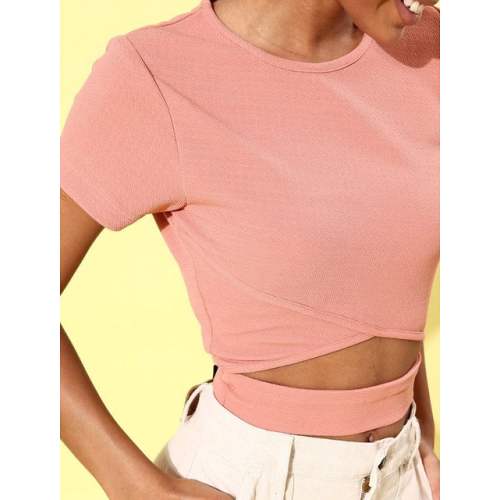 Women's Polyester Lycra Solid Short Sleeve Top (Pink) - Image 5