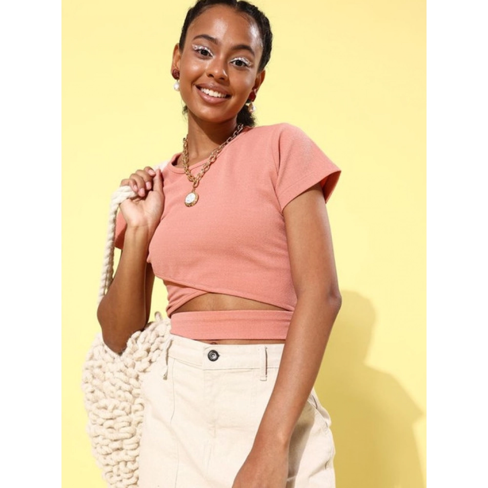 Women's Polyester Lycra Solid Short Sleeve Top (Pink) - Image 4