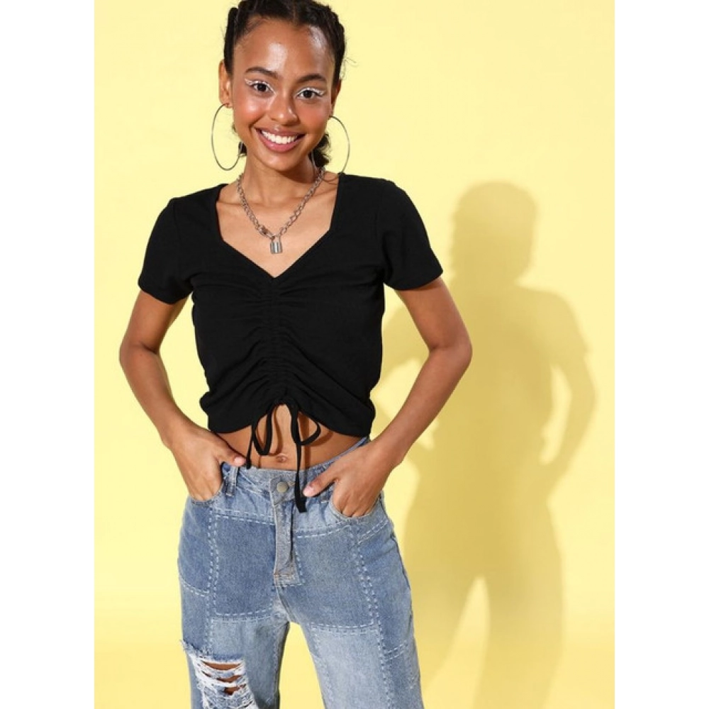 Women's Polyester Lycra Solid Short Sleeve Top (Black) - Image 5