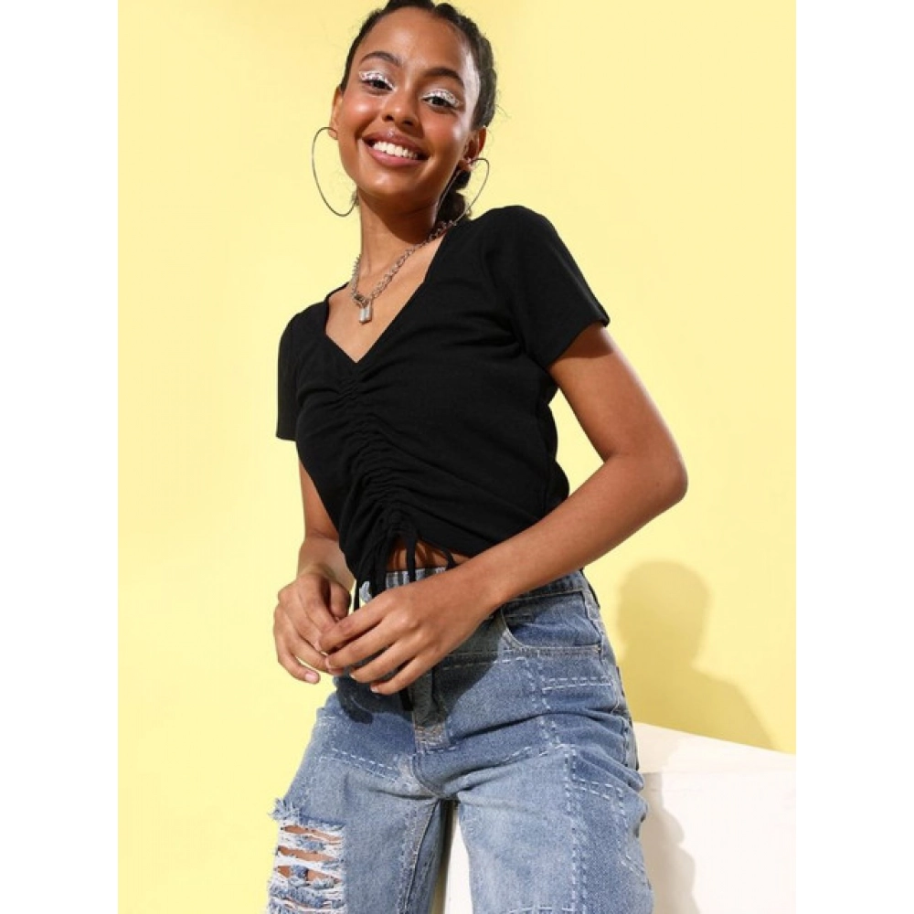 Women's Polyester Lycra Solid Short Sleeve Top (Black) - Image 4