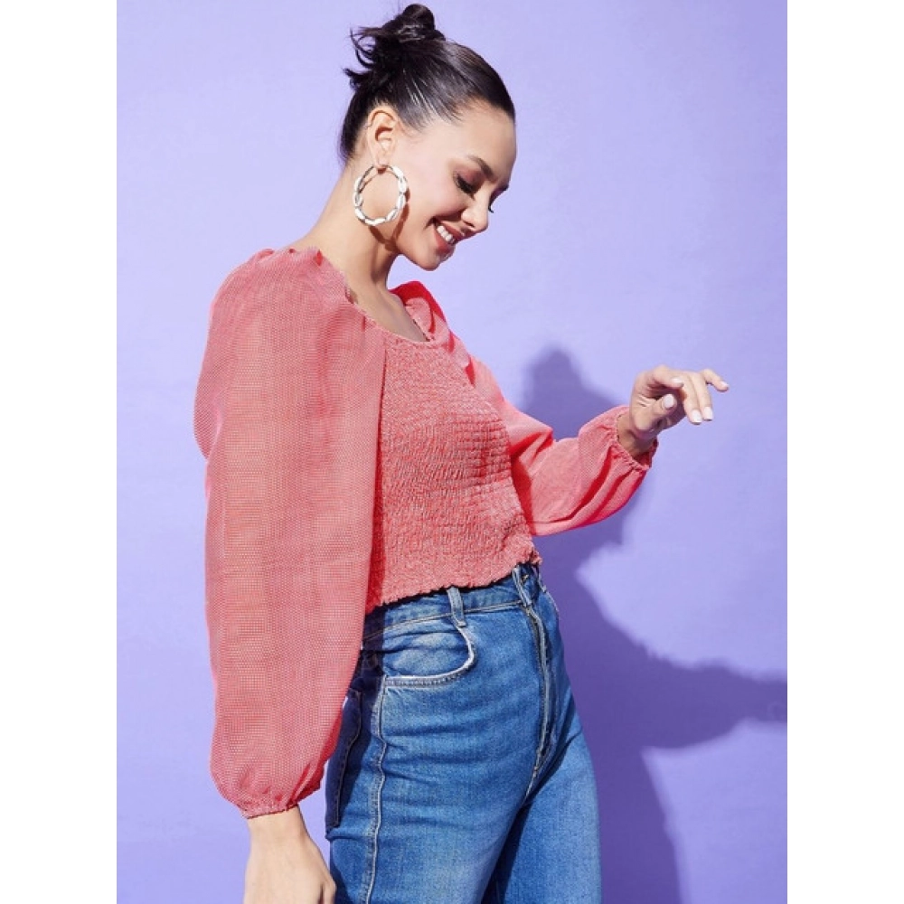 Women's Polyester Floral Long Sleeves Top (Red) - Image 4