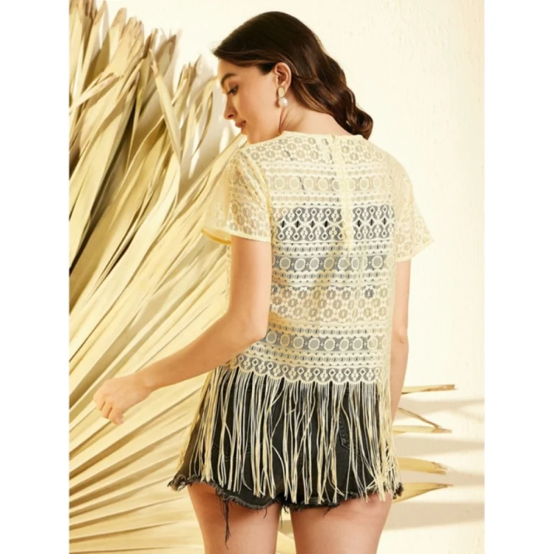 Alternative view of Women's Polyester Lace Self Design Short Sleeve Top (Yellow)