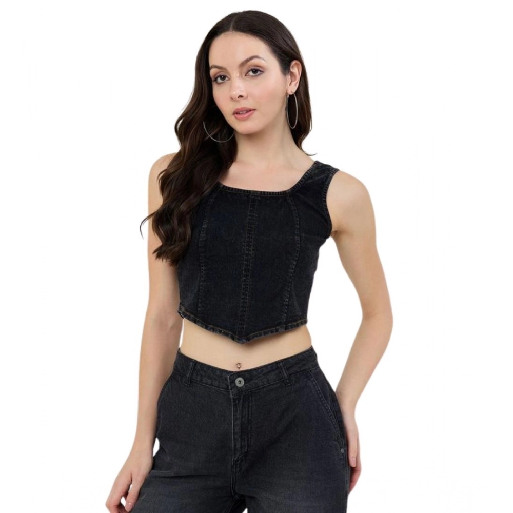 Women's Denim Lycra Solid Sleeveless Top (Black)