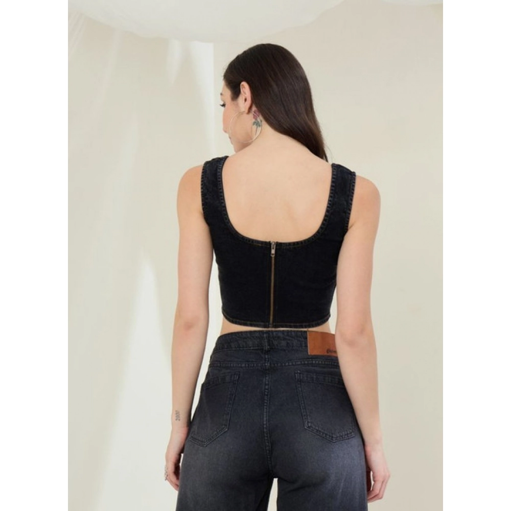 Women's Denim Lycra Solid Sleeveless Top (Black) - Image 5