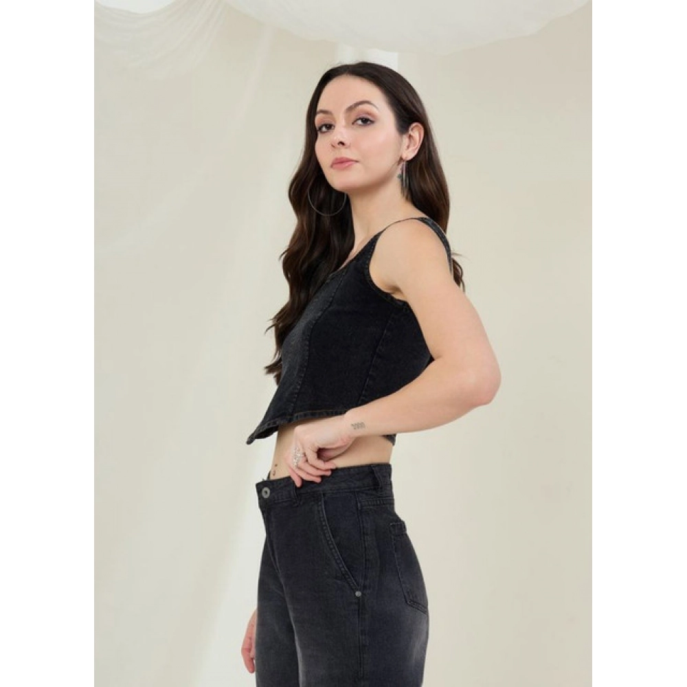 Women's Denim Lycra Solid Sleeveless Top (Black) - Image 4