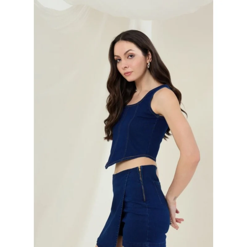 Alternative view of Women's Denim Lycra Solid Sleeveless Top (Blue)