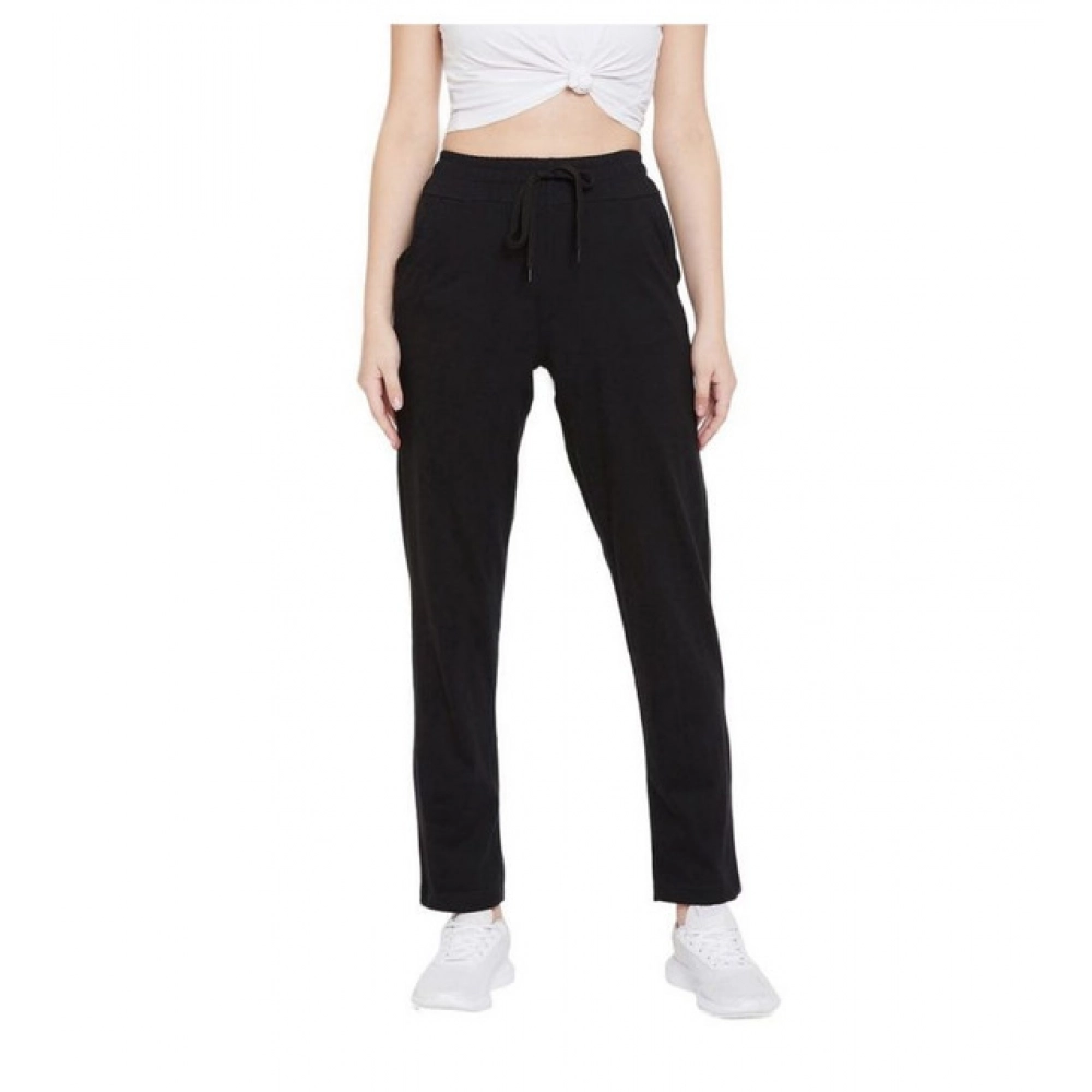 Women's Cotton Solid Elasticated Track Pants (Black)