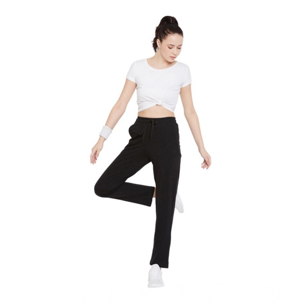 Women's Cotton Solid Elasticated Track Pants (Black) - Image 3