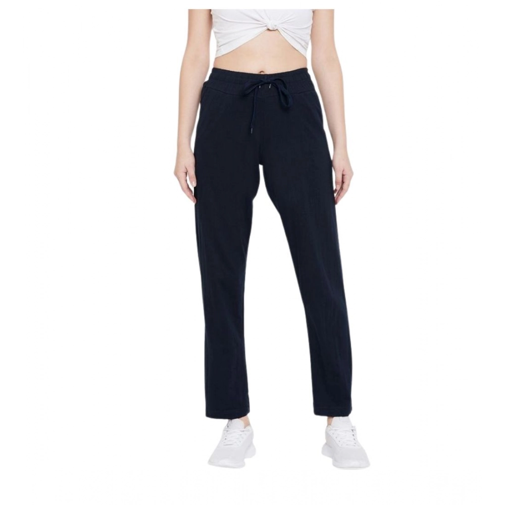 Women's Cotton Solid Elasticated Track Pants (Navy)