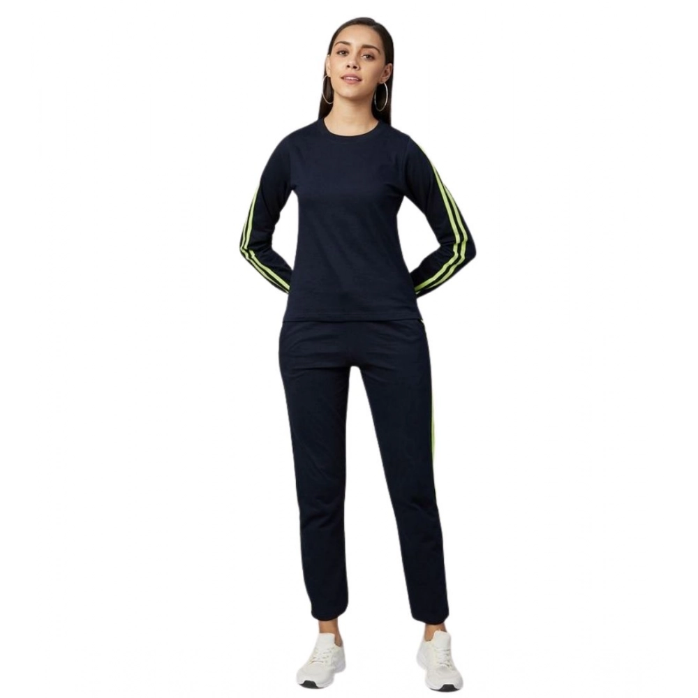 Women's Cotton Solid Long Sleeves Tracksuit (Navy - Green)