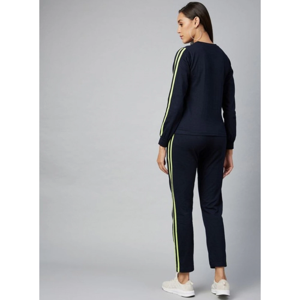Women's Cotton Solid Long Sleeves Tracksuit (Navy - Green) - Image 5