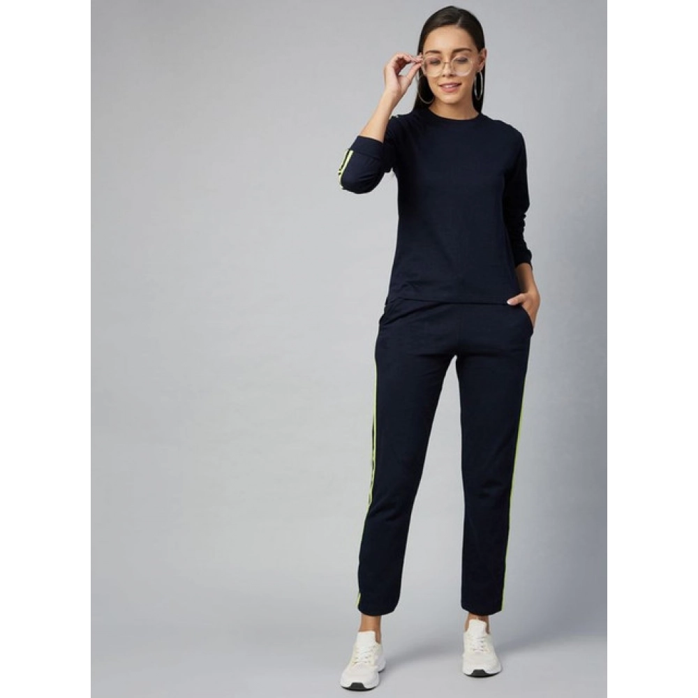 Women's Cotton Solid Long Sleeves Tracksuit (Navy - Green) - Image 4