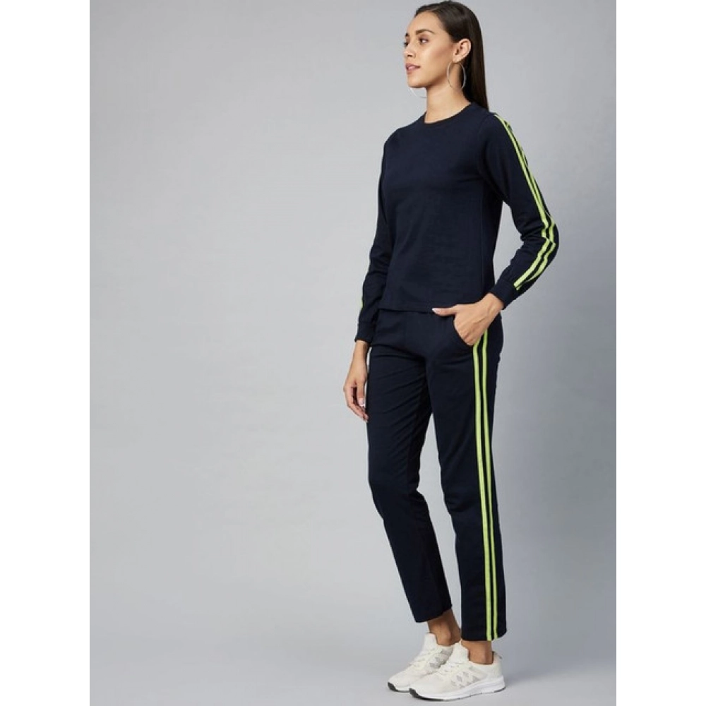 Women's Cotton Solid Long Sleeves Tracksuit (Navy - Green) - Image 3