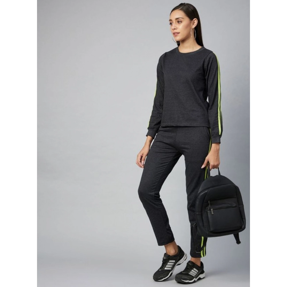 Women's Cotton Solid Long Sleeves Tracksuit (Dark Grey - Green) - Image 4