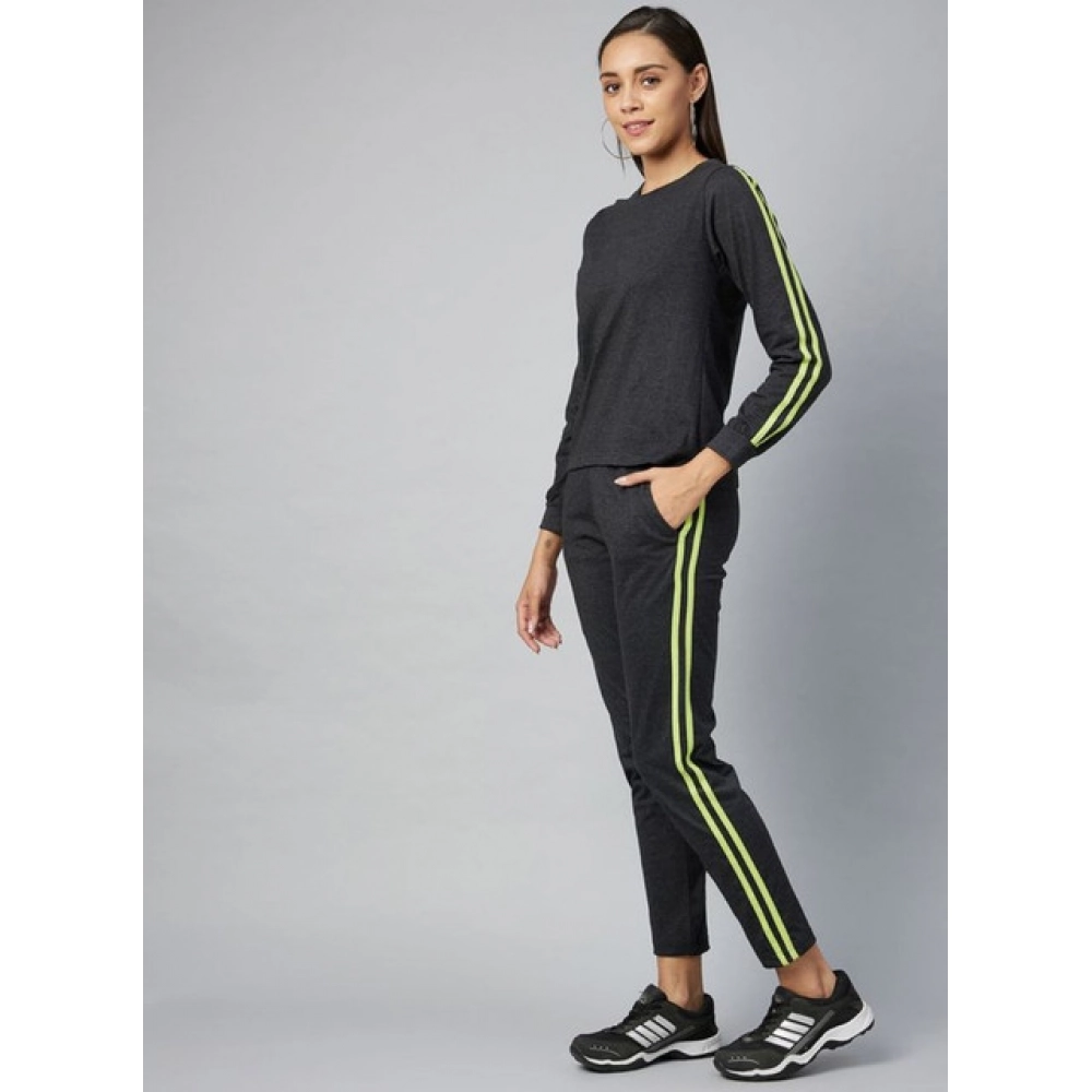 Women's Cotton Solid Long Sleeves Tracksuit (Dark Grey - Green) - Image 3