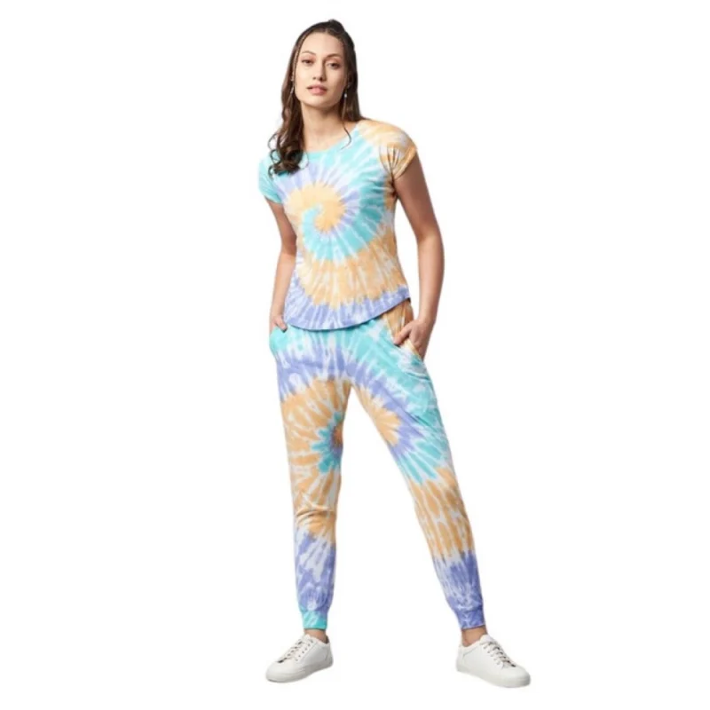 Women's Cotton Tie And Dye Short Sleeve Tracksuit (Multicolor)
