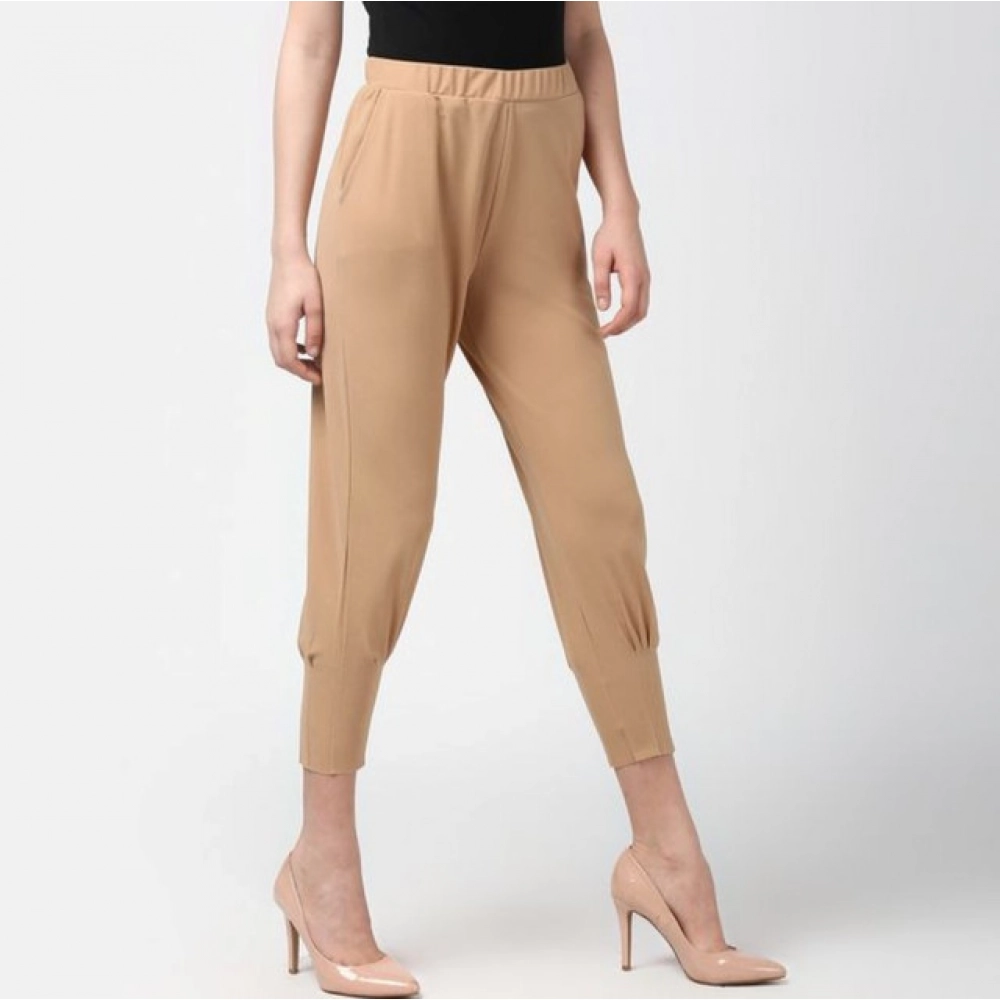 Women's Polyester Solid Elasticated Trousers (Beige) - Image 3