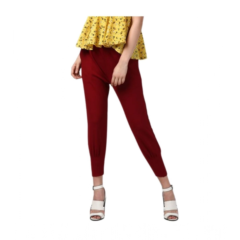 Women's Polyester Solid Elasticated Trousers (Maroon)
