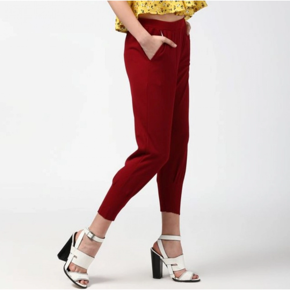 Women's Polyester Solid Elasticated Trousers (Maroon) - Image 3