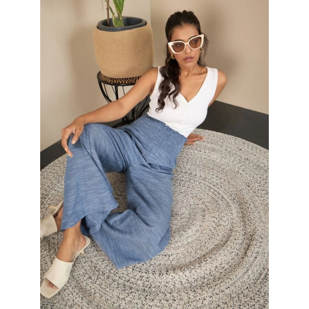 Women's Cotton Self Design Smocked Trousers (Blue) - Image 5