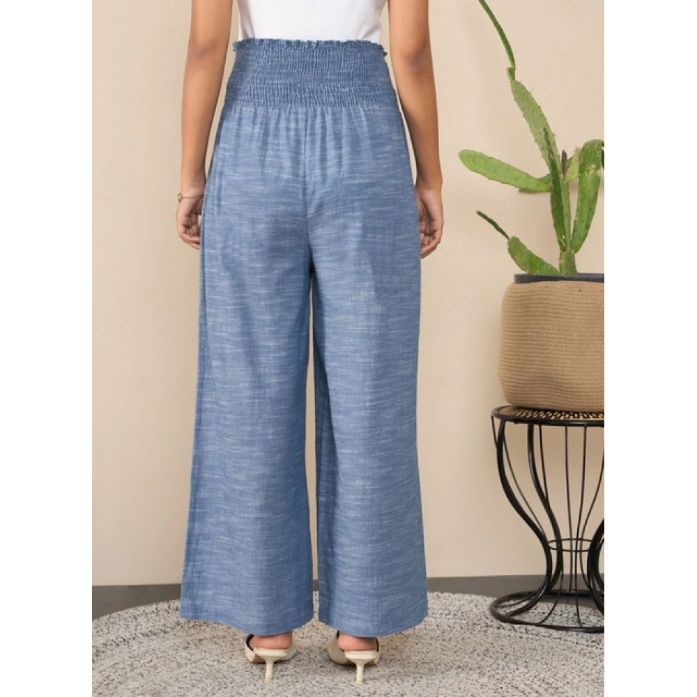 Women's Cotton Self Design Smocked Trousers (Blue) - Image 4