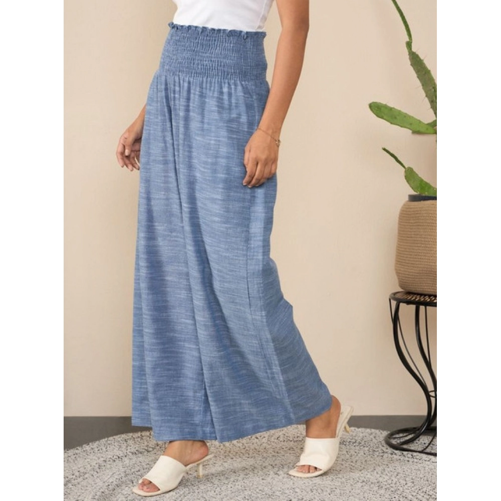 Women's Cotton Self Design Smocked Trousers (Blue) - Image 3