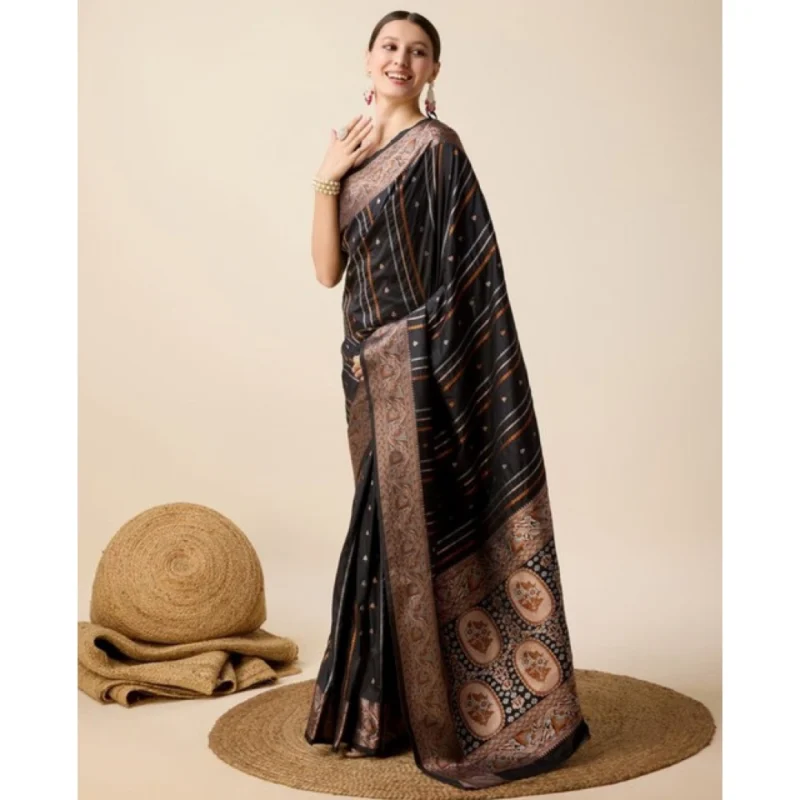 Women's Soft Silk Jacquard Saree With Unstitched Blouse 5.5Mtr (Black)