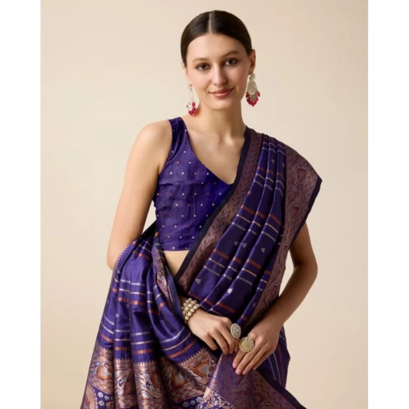 Alternative view of Women's Soft Silk Jacquard Saree With Unstitched Blouse 5.5Mtr (Blue)